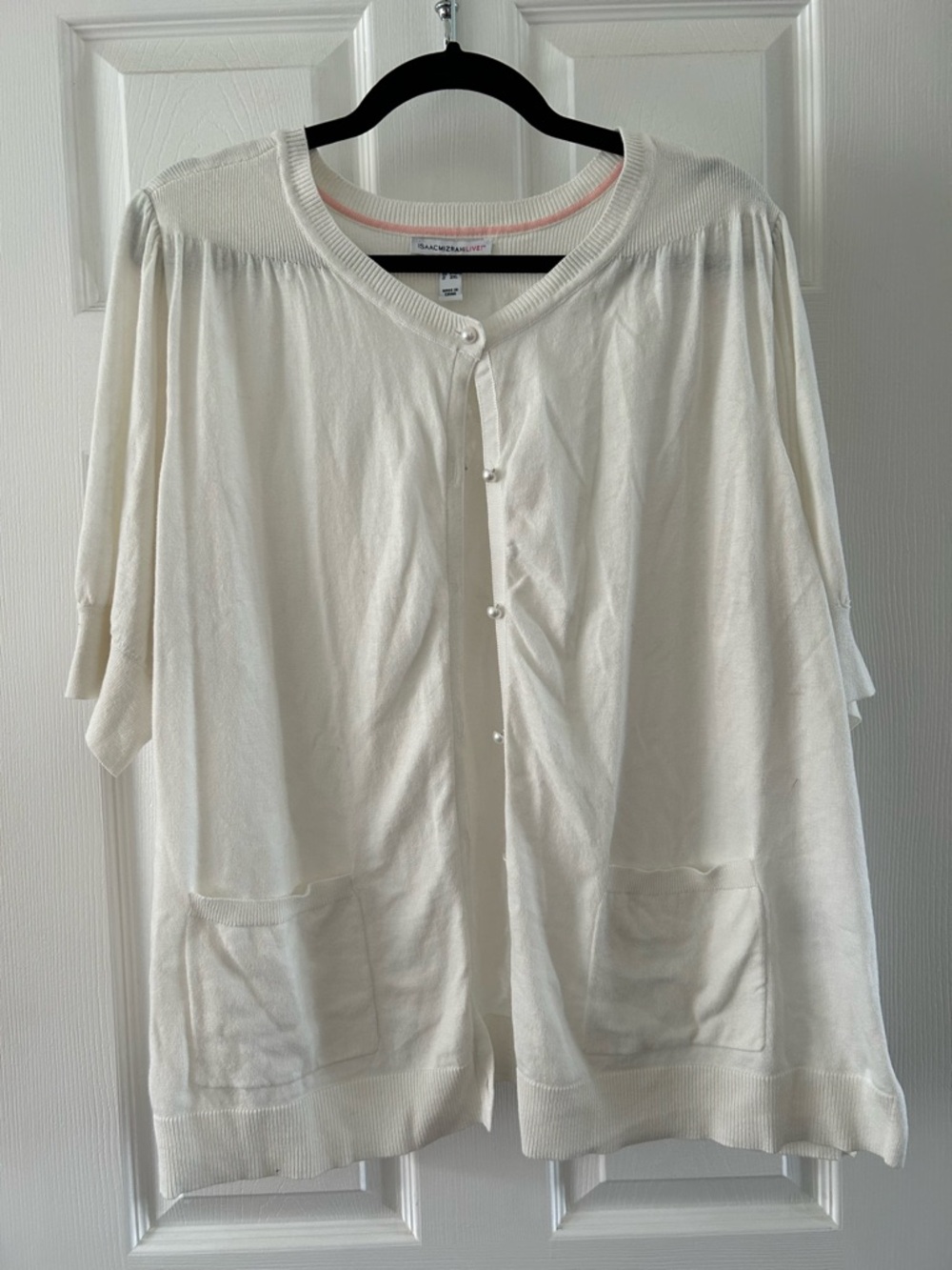 Isaac Mizrahi White Crewneck Button Cardigan with Pink Trim